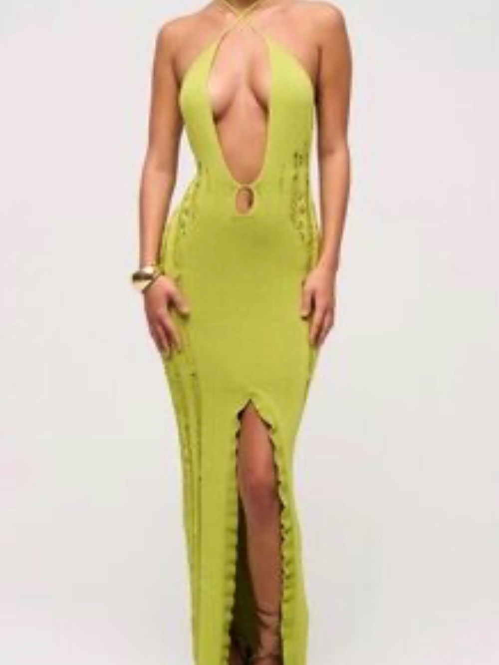 Sultry Lime Green Plunge Halter Maxi Dress